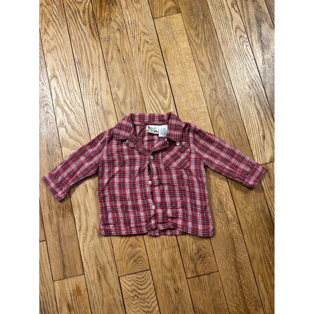 Gum Balls‎ Baby Plaid Flannel Button Up Shirt 6/9M Red White Gray Casual